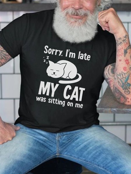 

I'm Sorry I'm late, Because My Cat letters T-Shirt, Black, Men's t-shirts