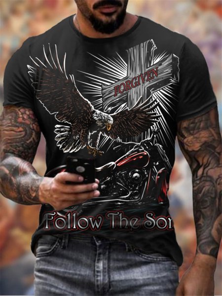 

Casual round neck thin slim-fit cross-print bottoming top T-shirt, Black, T-shirt