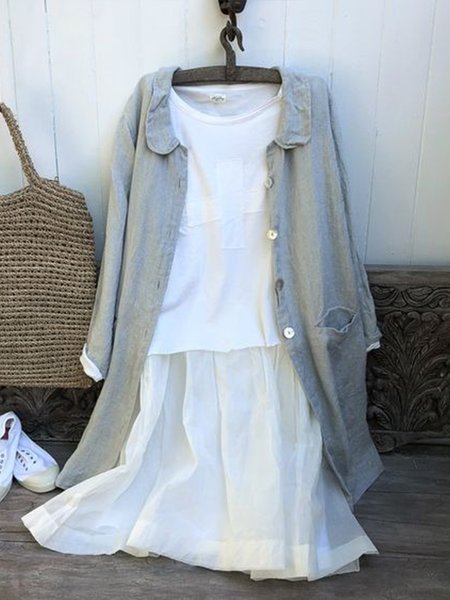 Casual Solid Pocket Lapel Loosen Outerwear, Gray, Outerwear