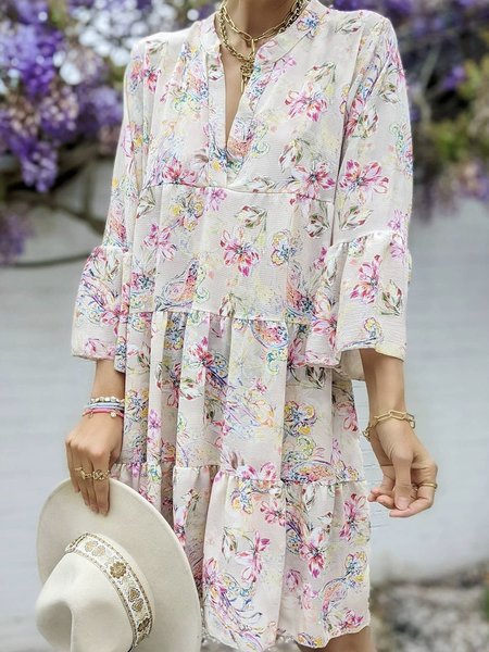 

V Neck Loosen Floral spring Dresses, Dusty pink, Mini Dresses