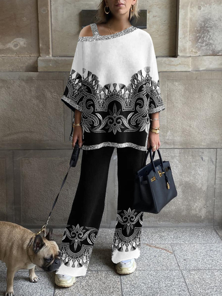 

Paisley One Shoulder Cotton Blends Suits, Black-white, Suit Set
