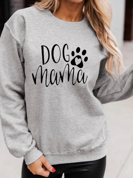 Dog Mama Printed Casual Loosen Sweatshirt, Gray, Hoodies & Sweatshirts