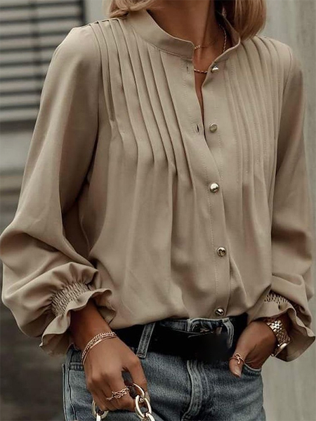

Long sleeve Stand Collar Plain Casual Shirts & Tops, Khaki, Blouses & Shirts