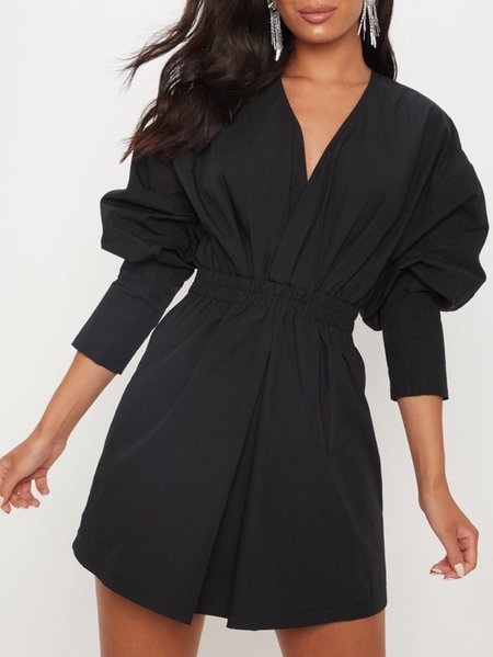 

Regular Fit Bishop Sleeve Solid V Neck Dress, Black, Mini Dresses