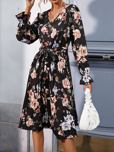 

Women's black slim printed pleated waist jumpsuit midi skirt, Midi Dresses