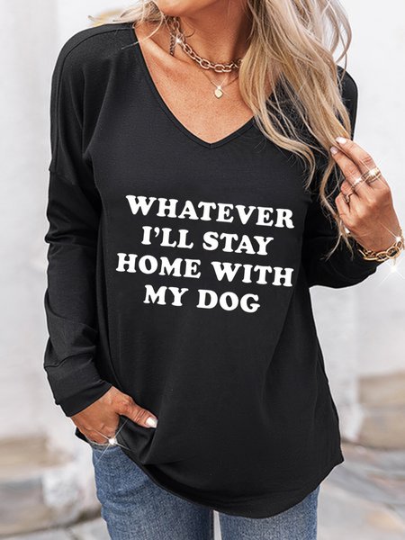 

Letters Printed V Neck Casual Loosen Shirts & Tops, Black, Tops