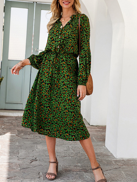 

Leopard V neck Loosen Casual Dresses, Green, Casual Dresses