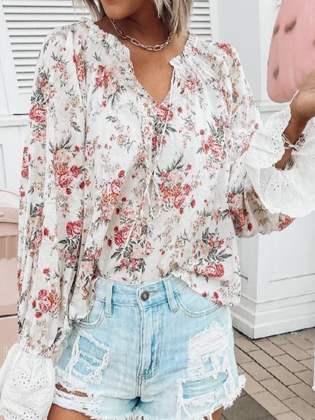 

Floral Loosen V Neck Long sleeve tops, Nudepink, Tops