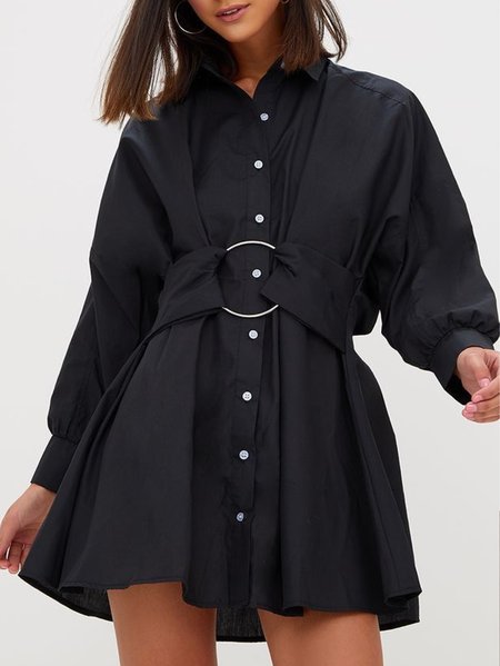 

Solid Off Shoulder Simple Shirt Belted Dress, Black, Mini Dresses