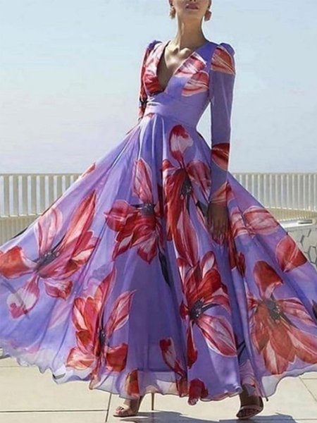 

V Neck Regular Fit Floral Vaction Maxi Dress, As picture, Maxi Dresses