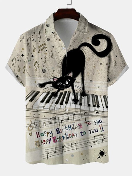 

Music Cat leisure Flax Short Sleeve Shirt, As picture, Shirts ＆ Blouse