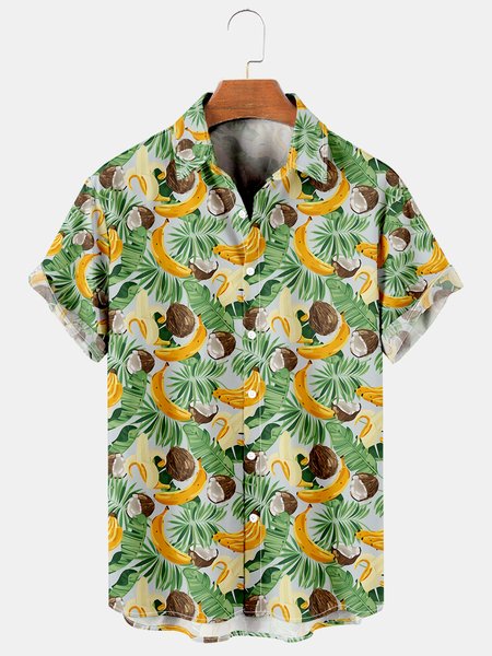 

Holiday Style Hawaiian Series Plant Leaves And Fruit Elements Lapel Short-Sleeved Shirt Print Top, Green, Men's Floral shirt