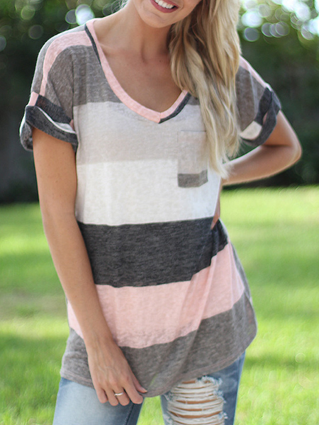 

Casual Striped V Neck Short Sleeves Pocket Shirts & Tops, Gray, Tops
