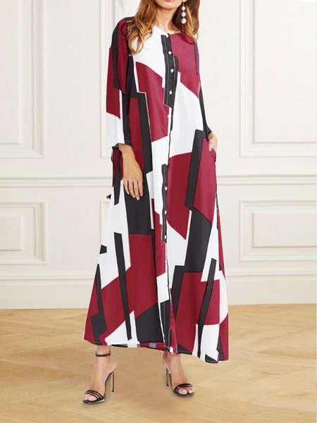 

Color geometric color block long sleeve round neck long dress, Multicolor, Maxi Dresses