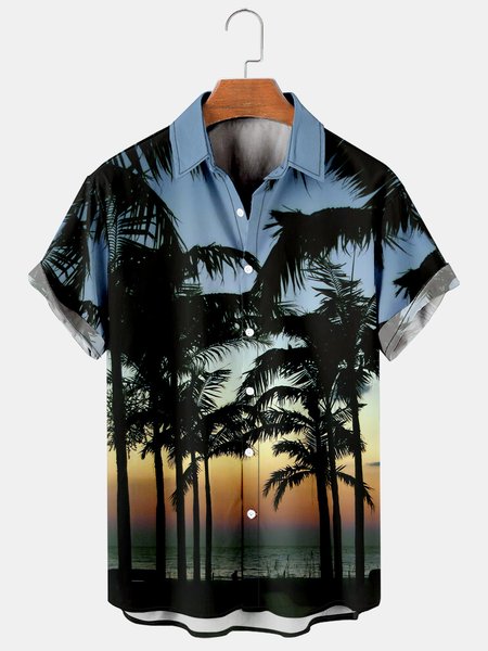 

Mens Coconut Tree Printed Casual Breathable Hawaiian Short Sleeve Shirt, Blue, Men's Floral shirt