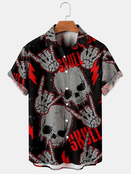 

Mens Rock Roll Punk Skull Print Casual Breathable Chest Pocket Short Sleeve Hawaiian Shirts, Black, Men's Floral shirt