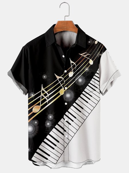 

Mens Music Piano Notes Print Casual Breathable Chest Pocket Short Sleeve Hawaiian Shirts, Black, Men's Floral shirt