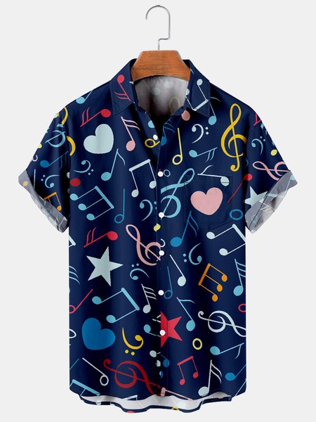

Mens Music Notes Print Casual Breathable Chest Pocket Short Sleeve Hawaiian Shirts, Blue, Men's Floral shirt