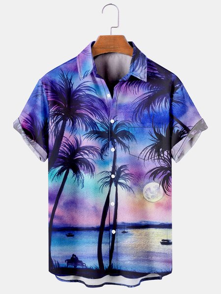 

Mens Coconut Tree Sunset Print Casual Breathable Chest Pocket Short Sleeve Hawaiian Shirt, Blue, Shirts ＆ Blouse