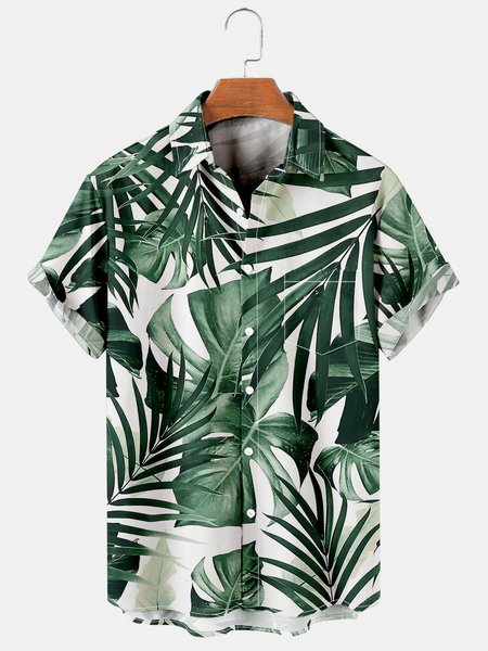 

Men's Clothing With Leaves And Flowers Vintage Shirt Collar Shirts & Tops, Green, Short Sleeves Shirts