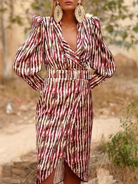

V neck Elegant Abstract Long sleeve Dress, Multicolor, Midi Dresses