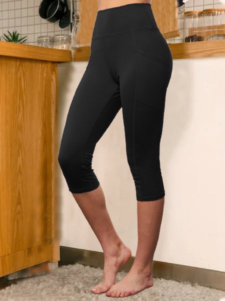 Casual Plus Size Cropped Pants, Black, Leggings