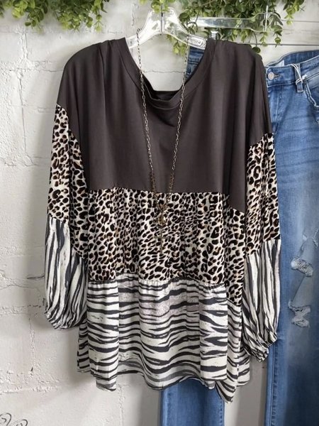 

Crew Neck Casual Leopard Shirts & Tops, Deep brown, Tops