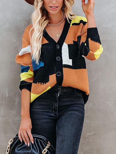 Casual Geometric Cotton Blends Sweater, As picture, Sweaters