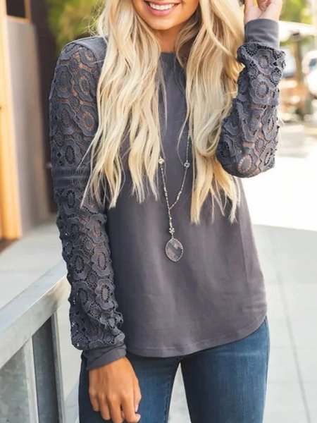 

Plain Lace Long Sleeves Crew Neck Plus Size Casual Tops, Gray, T-Shirts