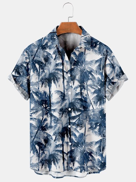 

Holiday Style Hawaiian Series Plant Leaves Coconut Tree Element Pattern Lapel Short-Sleeved Shirt Print Top, Blue, Men's Floral shirt