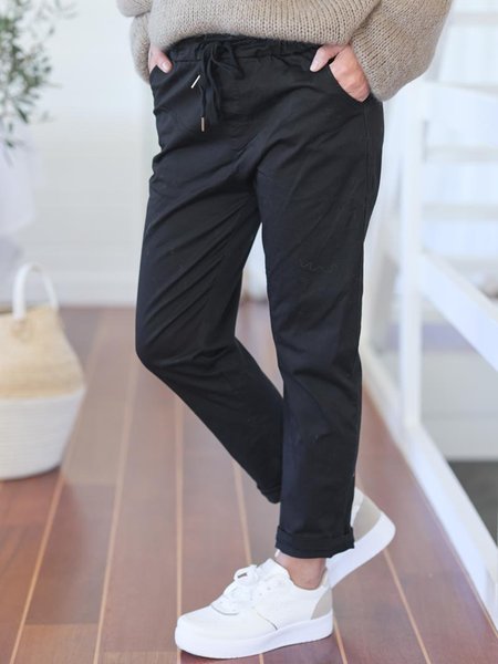

Elastic Waist Lace-up Casual Pants, Black, Pants