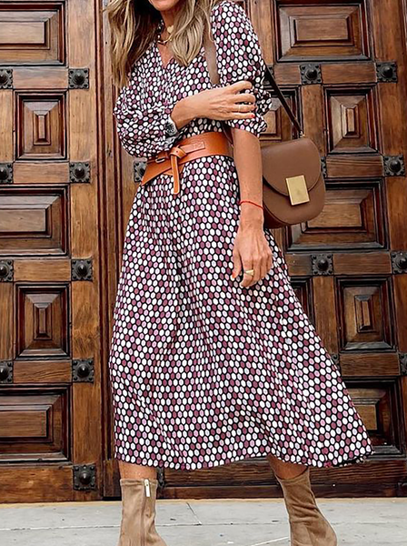 

Plus size Geometric Printed Casual Long Sleeve Dresses, As picture, Midi Dresses