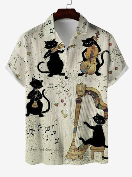 

Music Black Cat Playing Casual Cotton Short Sleeve Shirt, As picture, Shirts ＆ Blouse