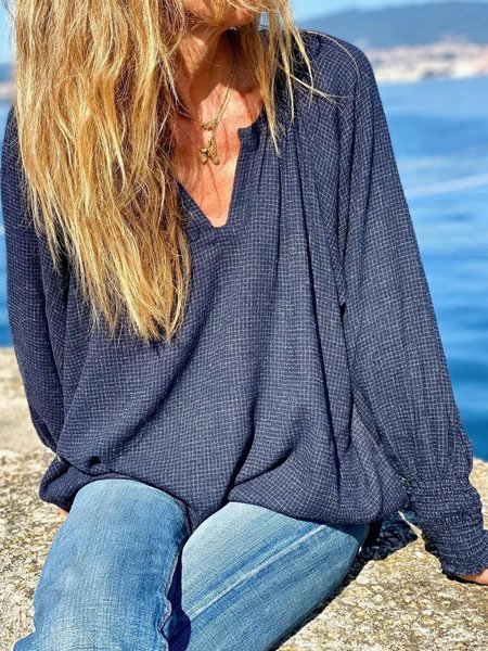 

Casual V Neck Checked/Plaid Shirts & Tops, Blue, Tops
