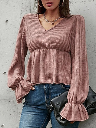 

V Neck Elegant Plain Shirts & Tops, Pink, Long sleeve tops