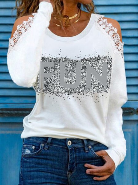 

Cotton Blends Regular Fit Crew Neck Shirts & Tops, White, Long sleeve tops