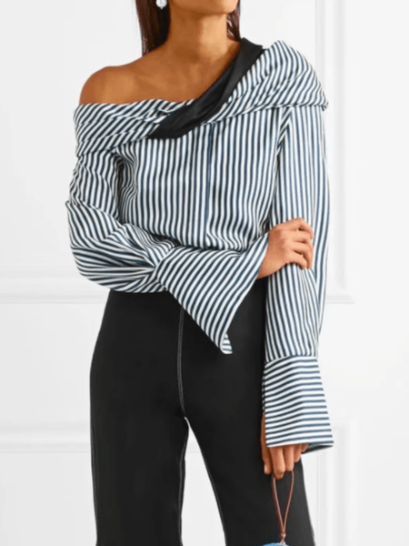 

Spring Elegant Long sleeve Asymmetrical Neck Lightweight Tops, Stripe, Tops