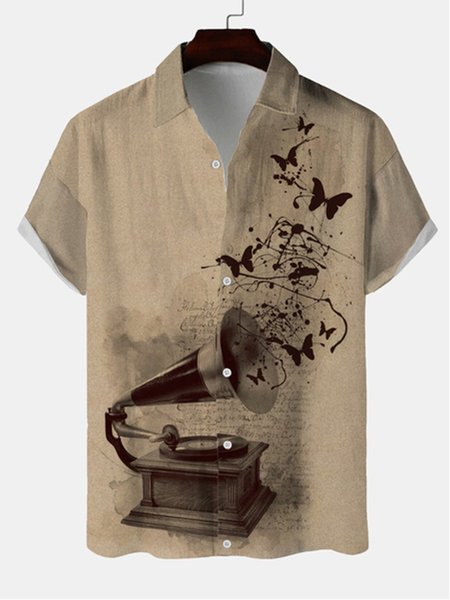

Music National Style Butterfly Tattoo leisure Cotton Striped Shirts With Short Sleeves, As picture, Shirts ＆ Blouse
