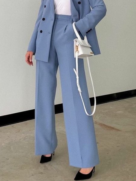 

Regular Fit Simple High Waist Long Pants, Blue, Wide Leg Pants