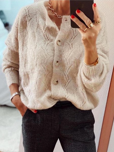 

Casual Wool/Knitting Buttoned Long Sleeve Loosen Solid Sweater, Apricot, Knitwear & Sweaters