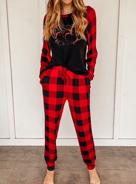 

Vacation Casual Raglan Sleeve Round Neck Plaid Lounge Set, Red, Suit Set