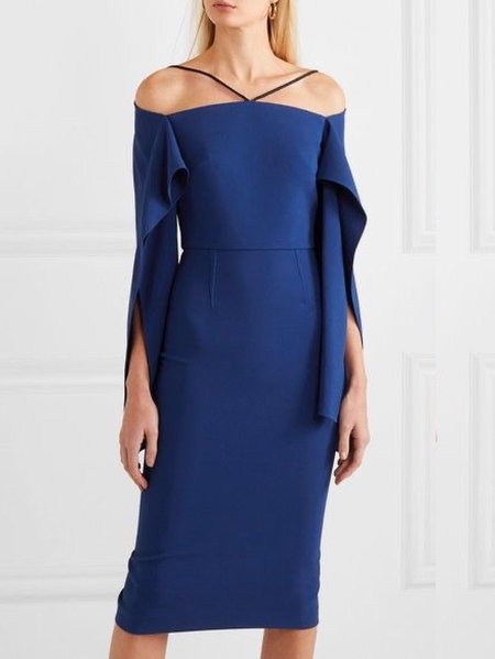 

Boat Neck Solid Flouncing Sleeve Slim Fit Midi Dress, Navy blue, Midi Dresses