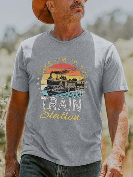 

Take Him To The Train Station Short Sleeve Crew Neck Casual T-shirt, Light gray, T-shirts