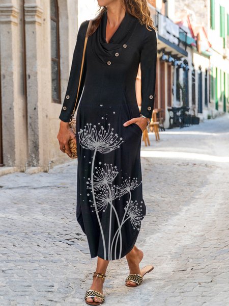 

Casual Floral Print Button V-neck Long Sleeve Maxi Dresses, Black, Maxi Dresses