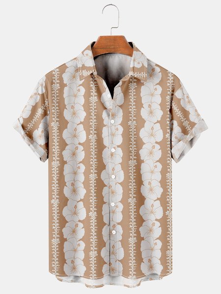 

Resort Style Hawaiian Series Botanical And Floral Element Pattern Lapel Short-Sleeved Shirt Print Top, Khaki, Men's Floral shirt
