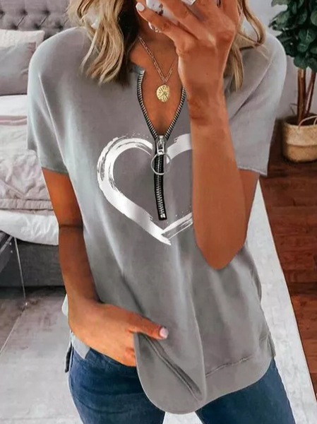 

Heart Round Neckline Short Sleeve Blouses, Gray, Sweatshirts & Hoodies