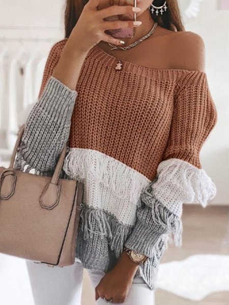 

Color-block Tassel Long Sleeves Plus Size Casual Sweaters, Multicolor, Knitwear & Sweaters