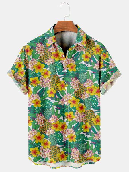 

Holiday Style Hawaiian Series Plant Flower And Fruit Elements Lapel Short-Sleeved Shirt Print Top, Green, Men's Floral shirt