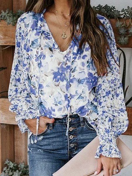 

Loosen V Neck Floral Shirts & Tops, Blue purple, Tops