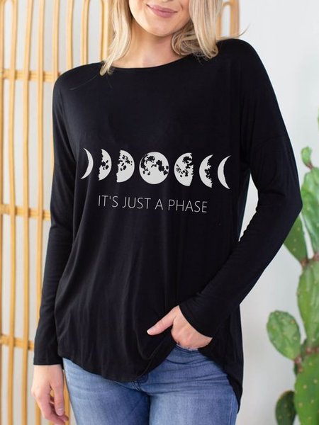 

Moon It 's Just A Phase Printed Casual Loosen Shirts & Tops, Black, Tops